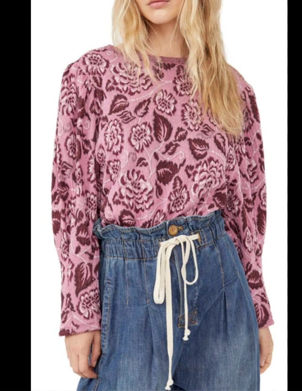 FREE PEOPLE Pink Floral No Ordinary Top Half Puff Sleeves Tie Cut Out Back XS